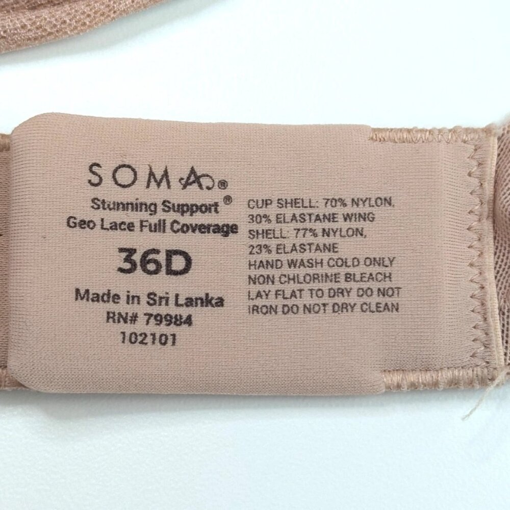 Soma Bra 36D Stunning Support Underwire Beige Geo Lace Full Coverage 102101 - Picture 2 of 5